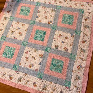 Handmade Cotton Baby Blanket Bunny Quilt. Pristine Easter or Baby Shower Gift.